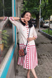 Elegant Collared White Dress with Pink Stripes