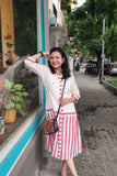 Elegant Collared White Dress with Pink Stripes
