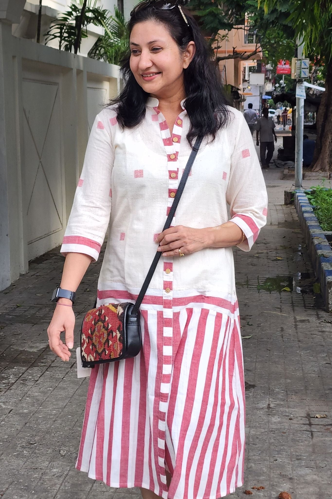 Elegant Collared White Dress with Pink Stripes
