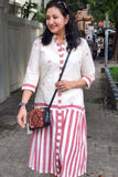 Elegant Collared White Dress with Pink Stripes