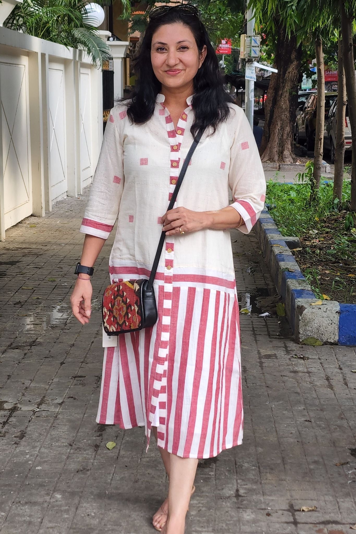Elegant Collared White Dress with Pink Stripes