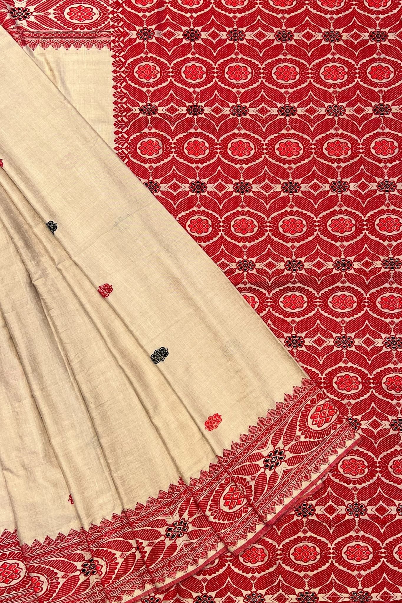 Beige Assam Eri Silk Saree with Red Weaves