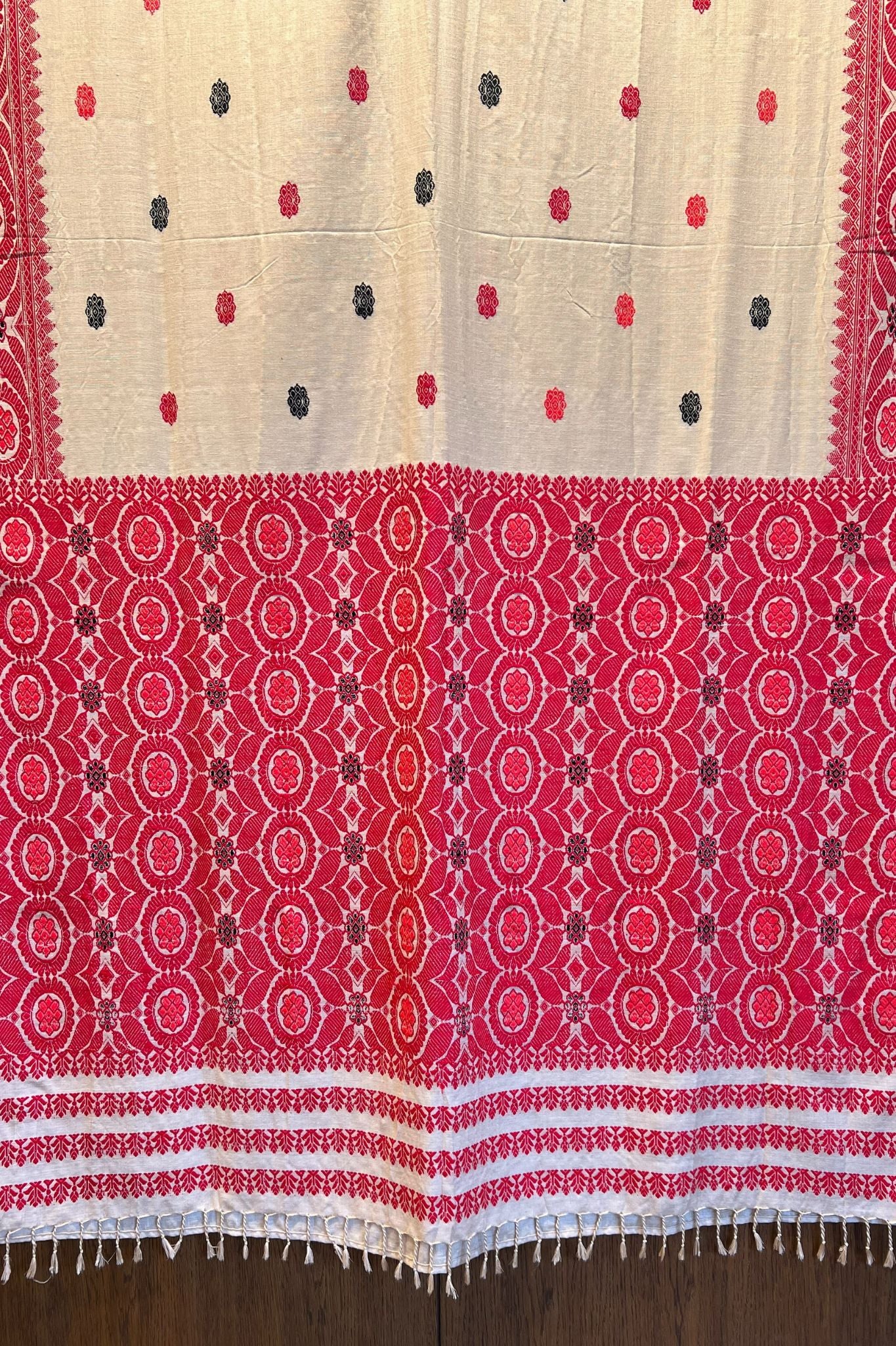 Beige Assam Eri Silk Saree with Red Weaves
