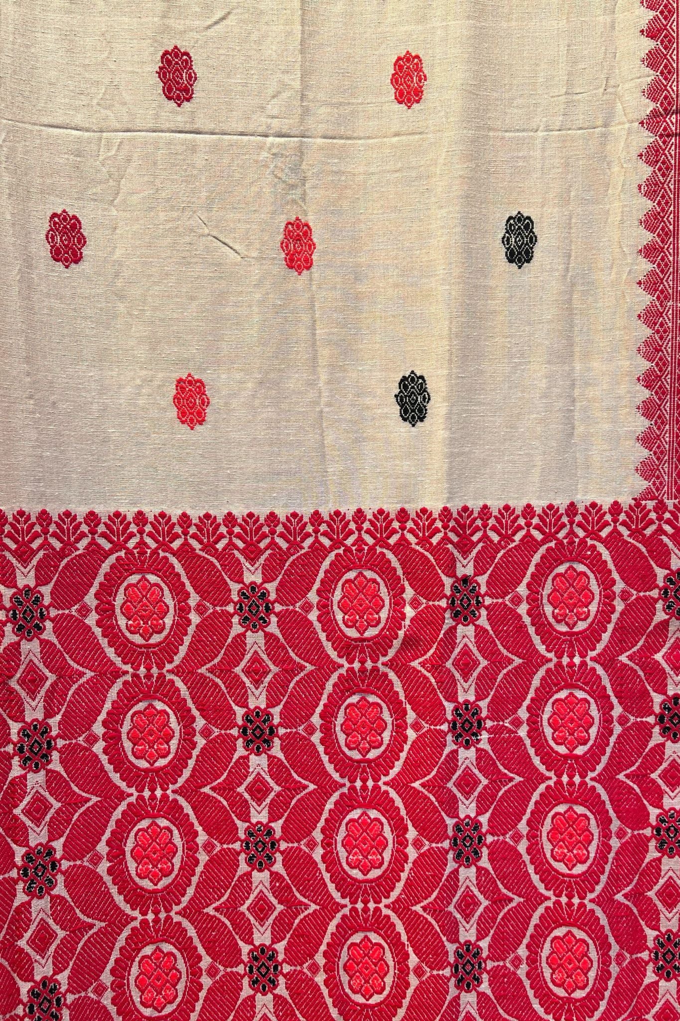 Beige Assam Eri Silk Saree with Red Weaves