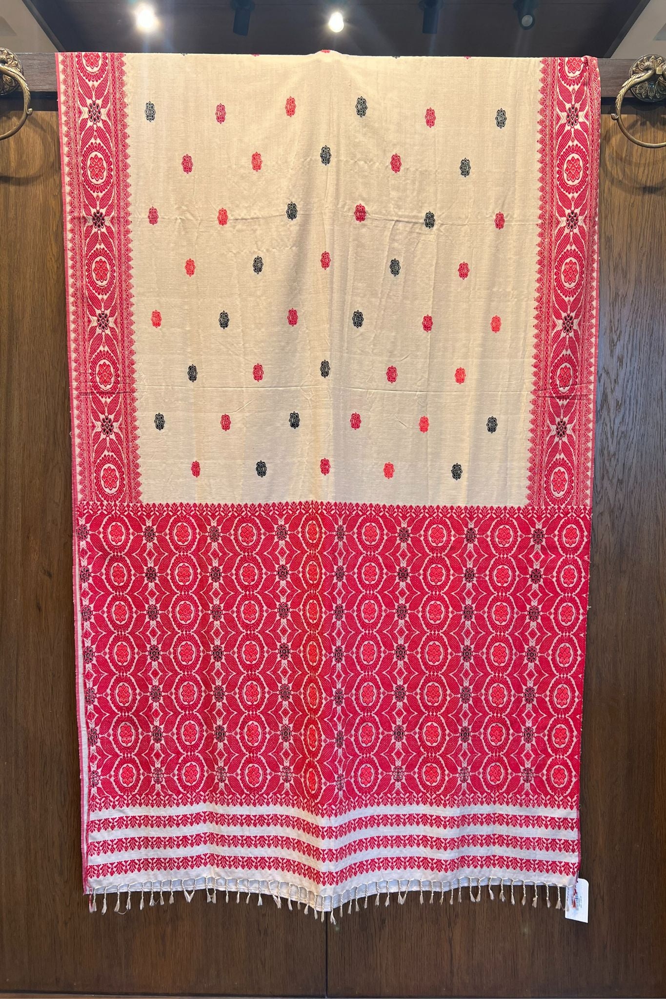 Beige Assam Eri Silk Saree with Red Weaves