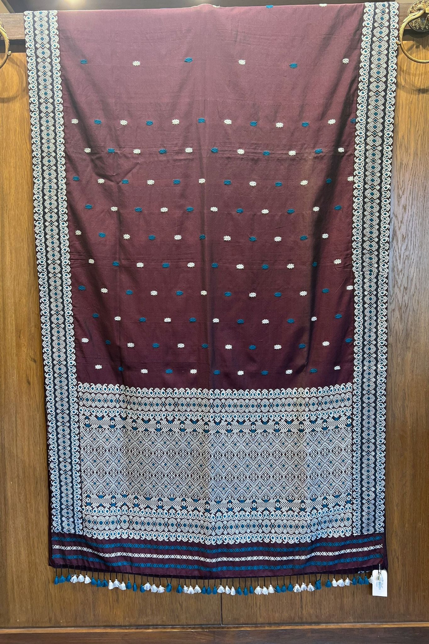 Coffee Brown Assam Cotton Silk Saree with White & Blue Weaves