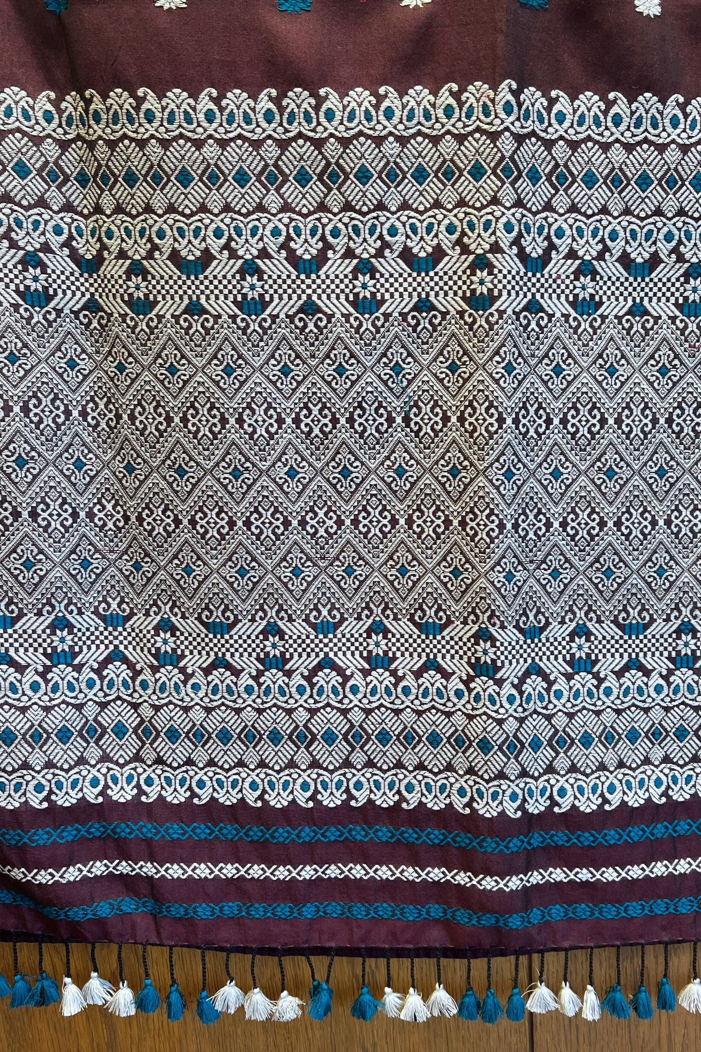 Coffee Brown Assam Cotton Silk Saree with White & Blue Weaves