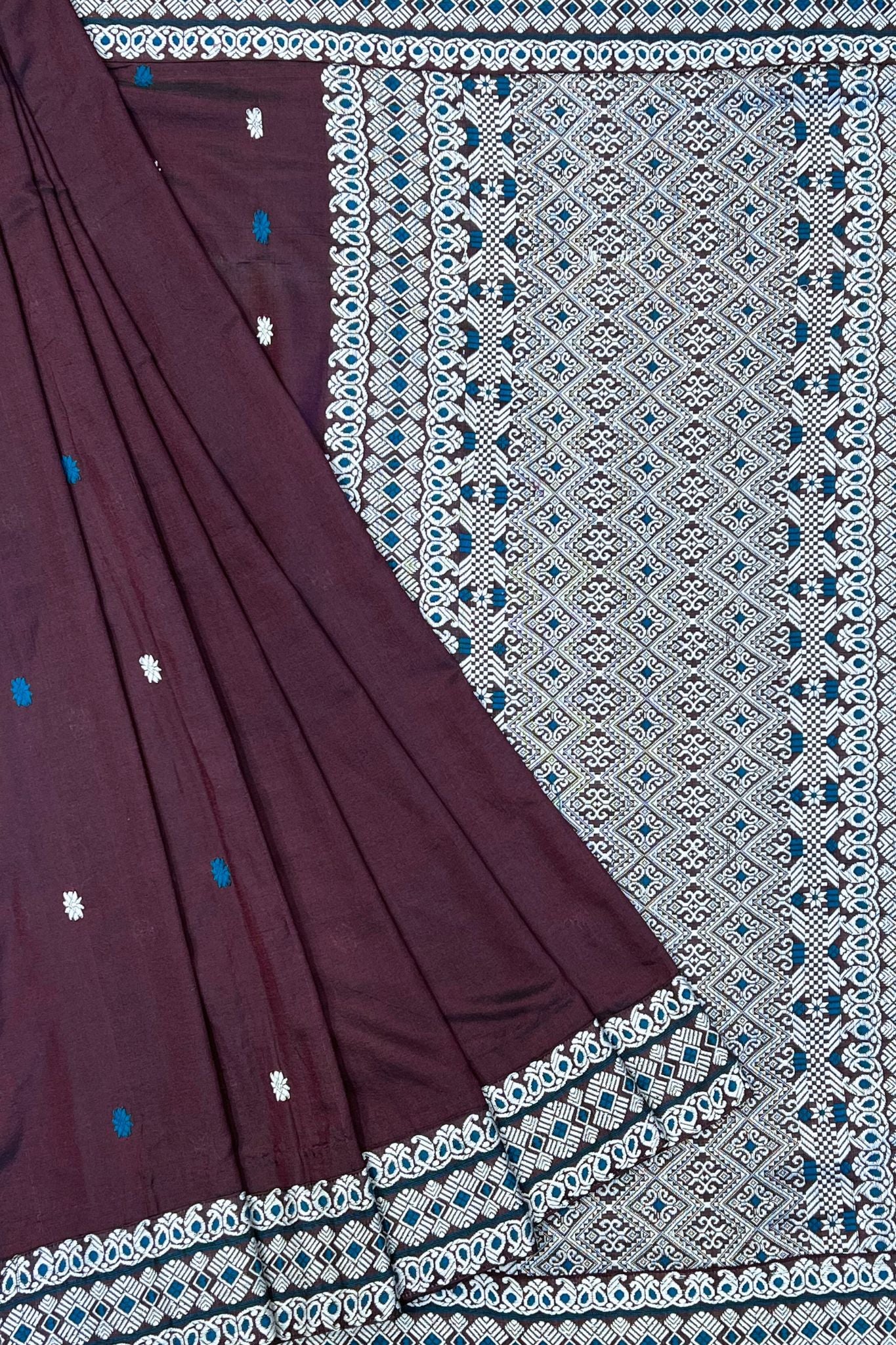Coffee Brown Assam Cotton Silk Saree with White & Blue Weaves