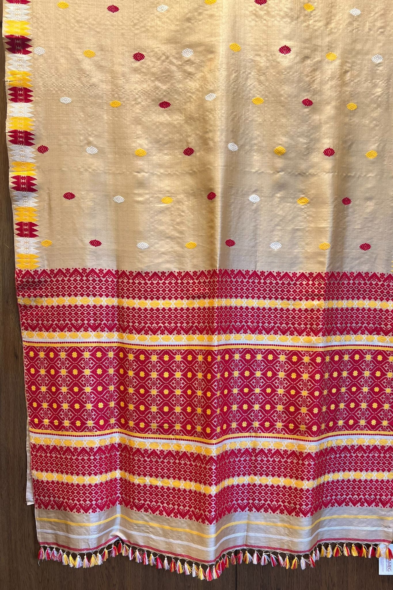 Beige Tussar Silk Assam Saree with Traditional Red Border and Pallu