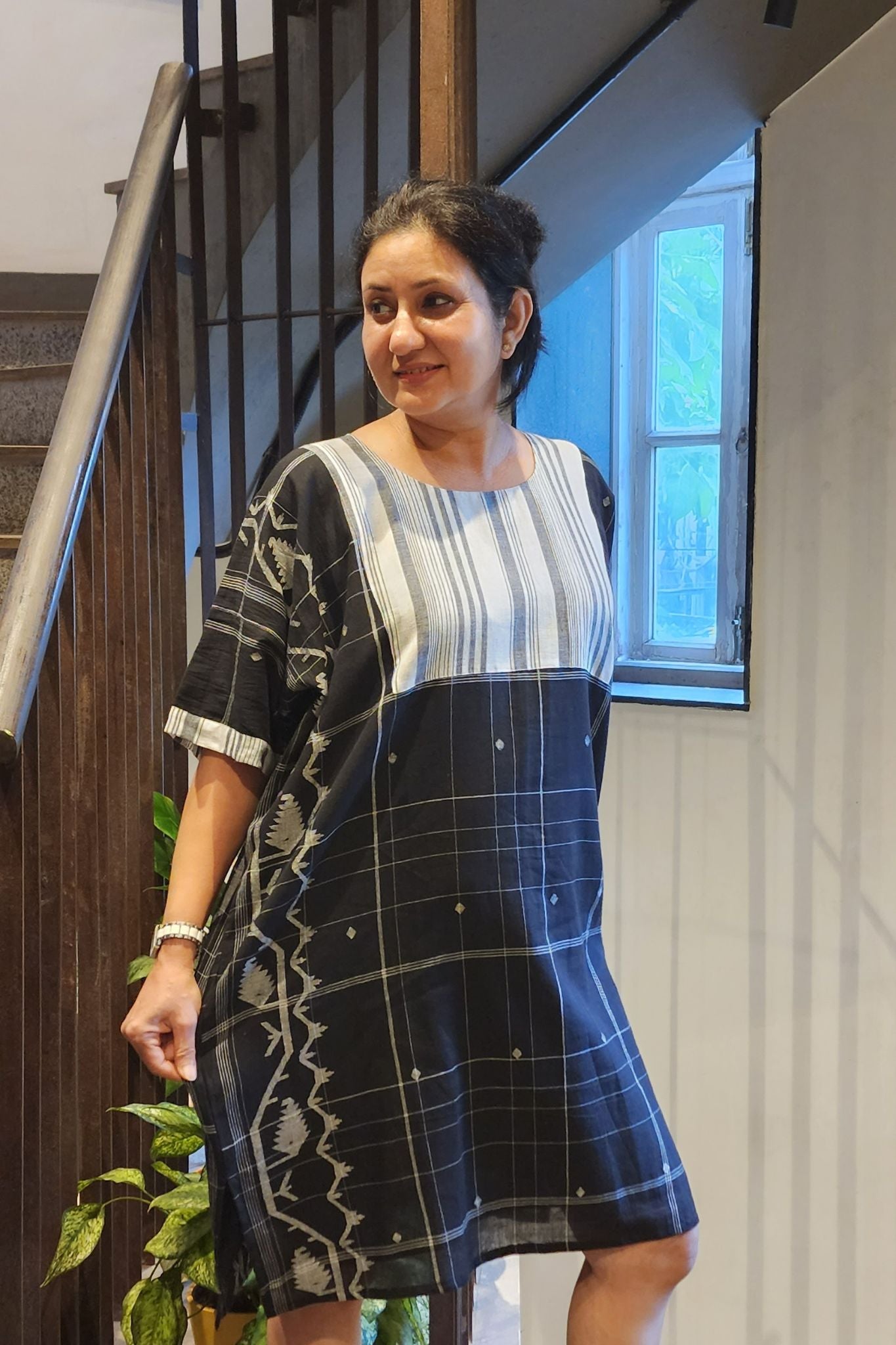 Black Knee Length Jamdani Cotton Dress