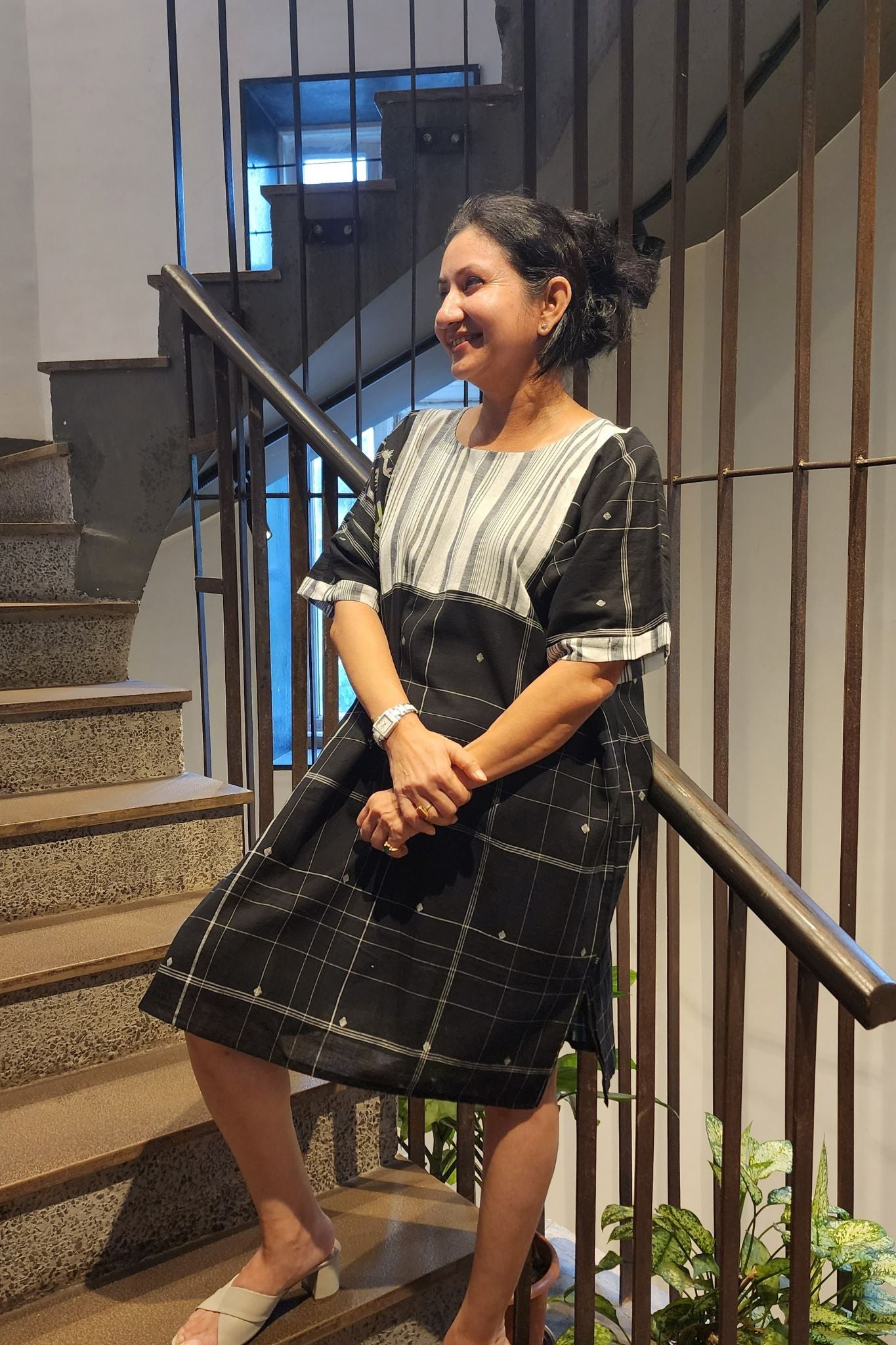 Black Knee Length Jamdani Cotton Dress