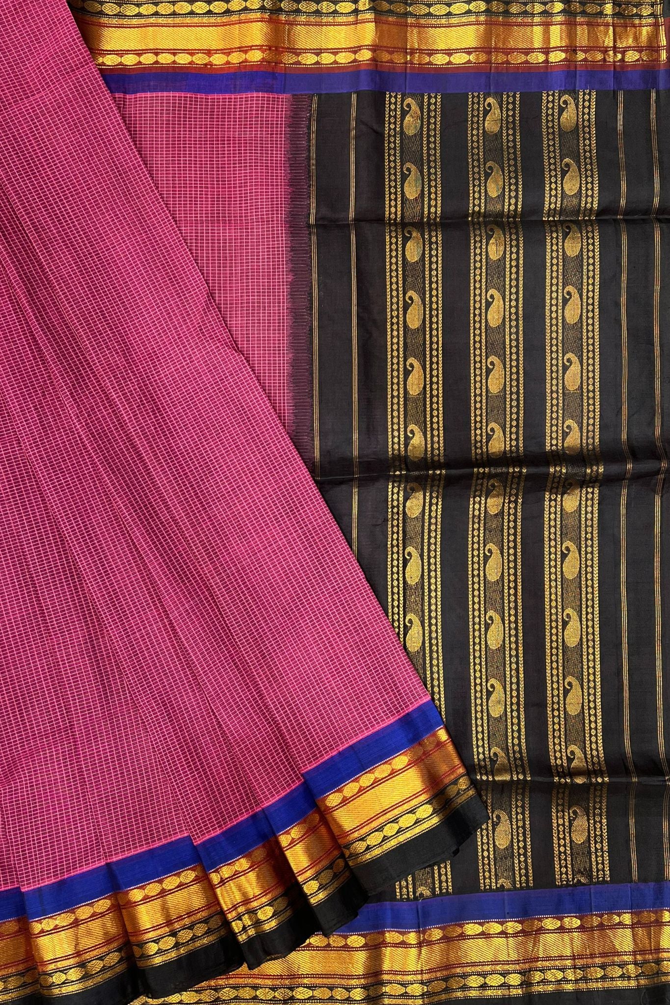 Elegant Cotton Gadwal Handloom Saree – Purple & Black with Zari Accents