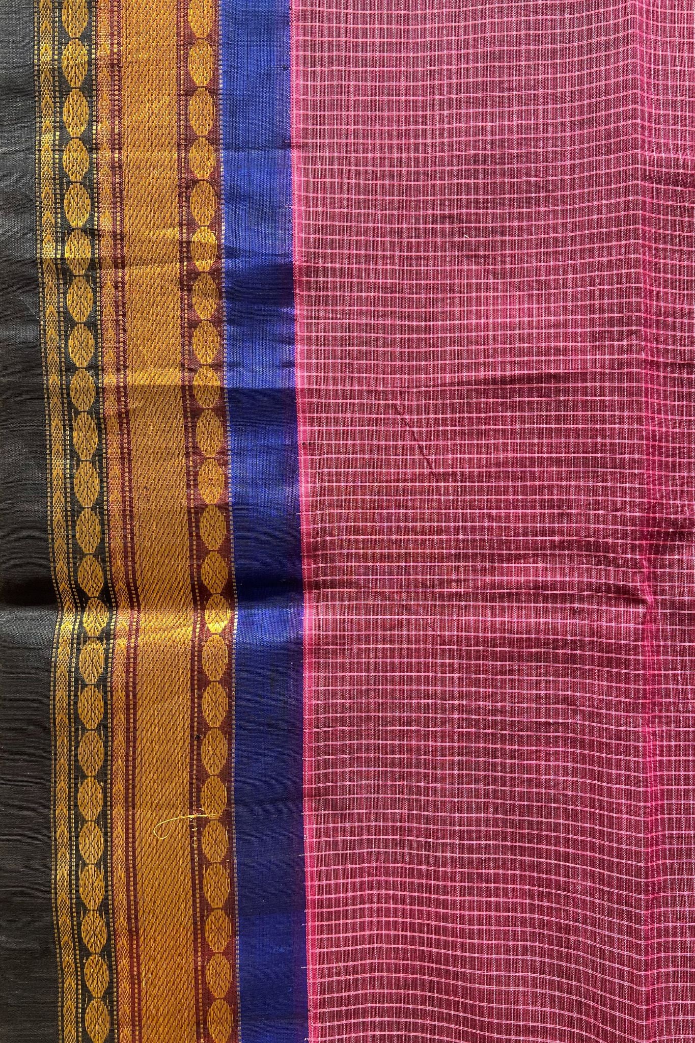 Elegant Cotton Gadwal Handloom Saree – Purple & Black with Zari Accents