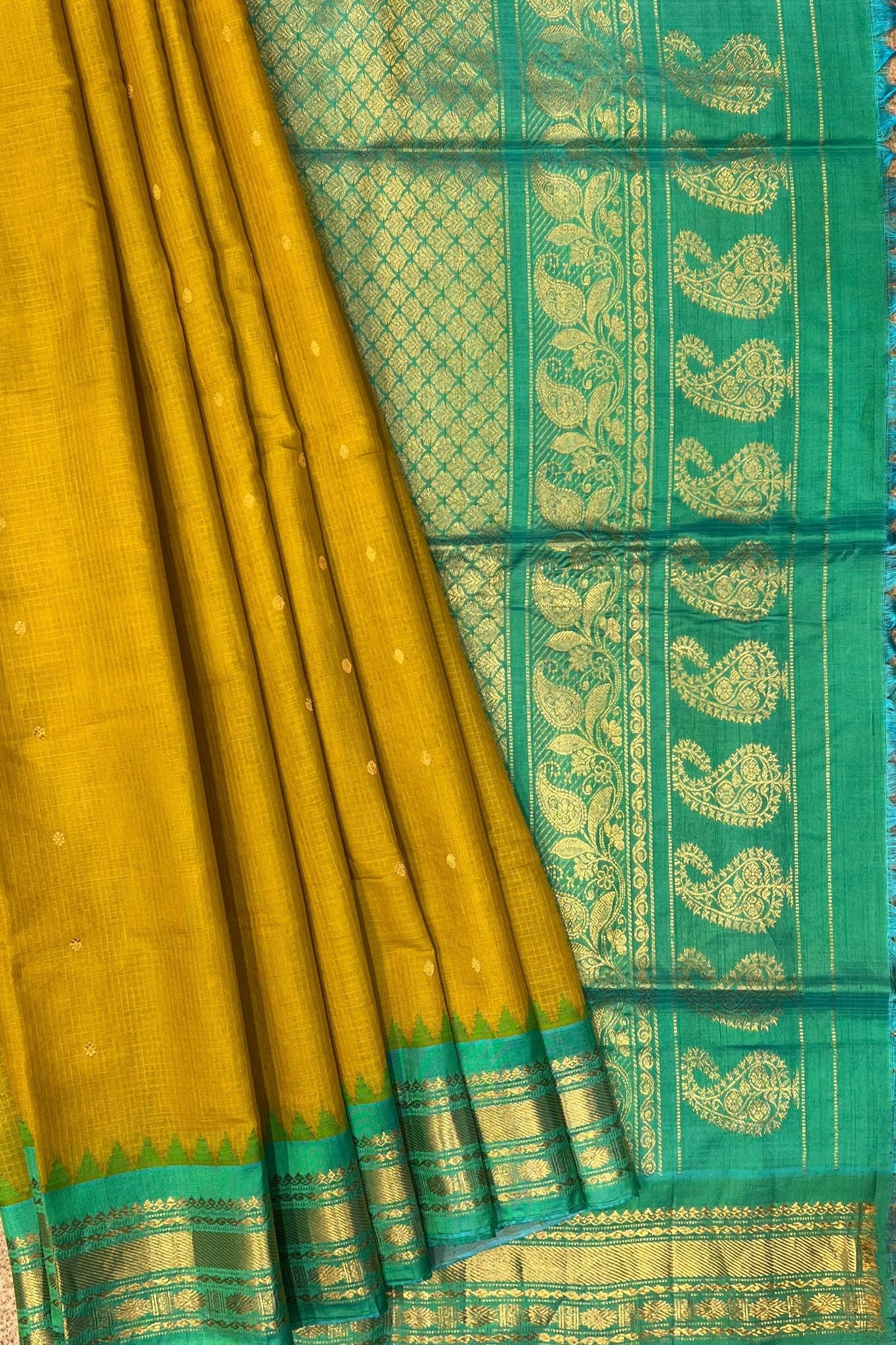 Vibrant Sico Gadwal Handloom Saree – Yellow & Green with Zari Work