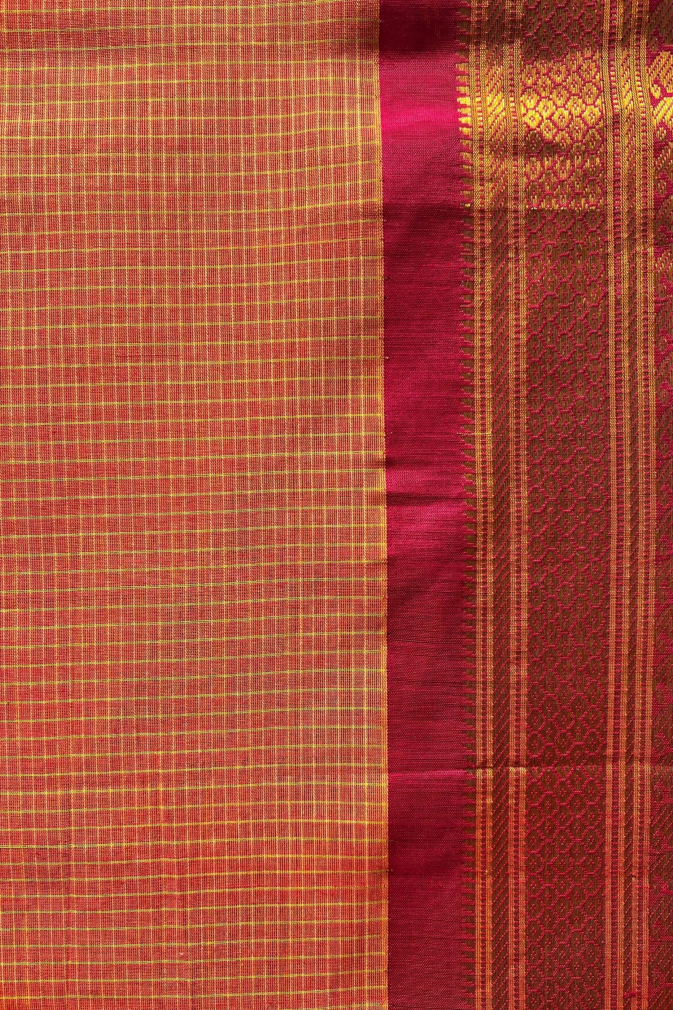 Vibrant Cotton Gadwal Handloom Saree – Orange & Pink with Zari Work