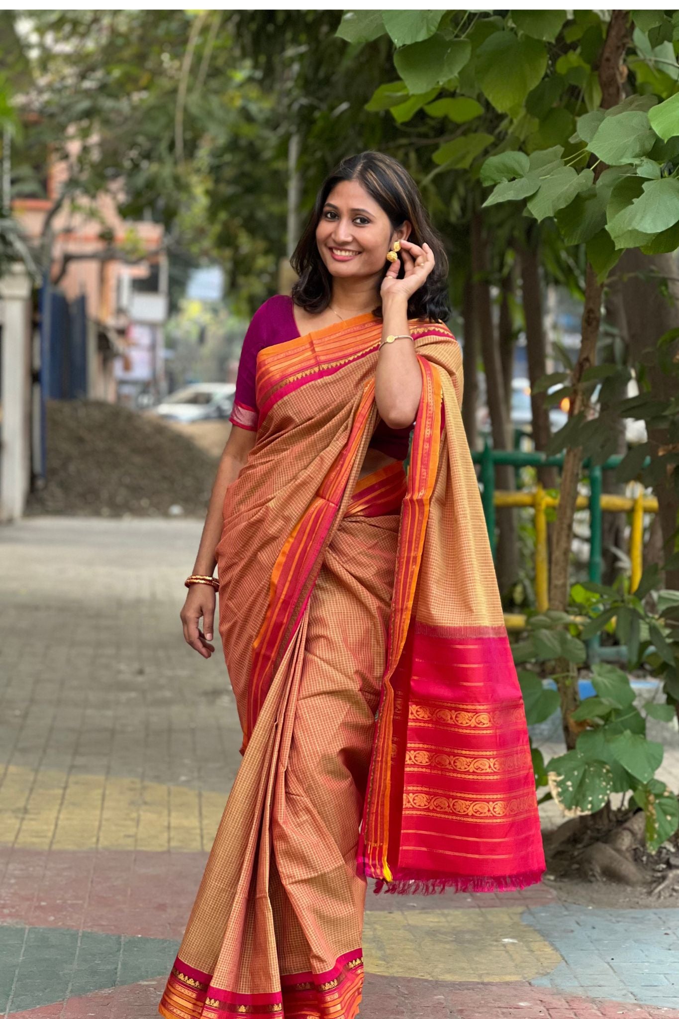 Brown with Pink Pallu Gadwal Cotton Saree