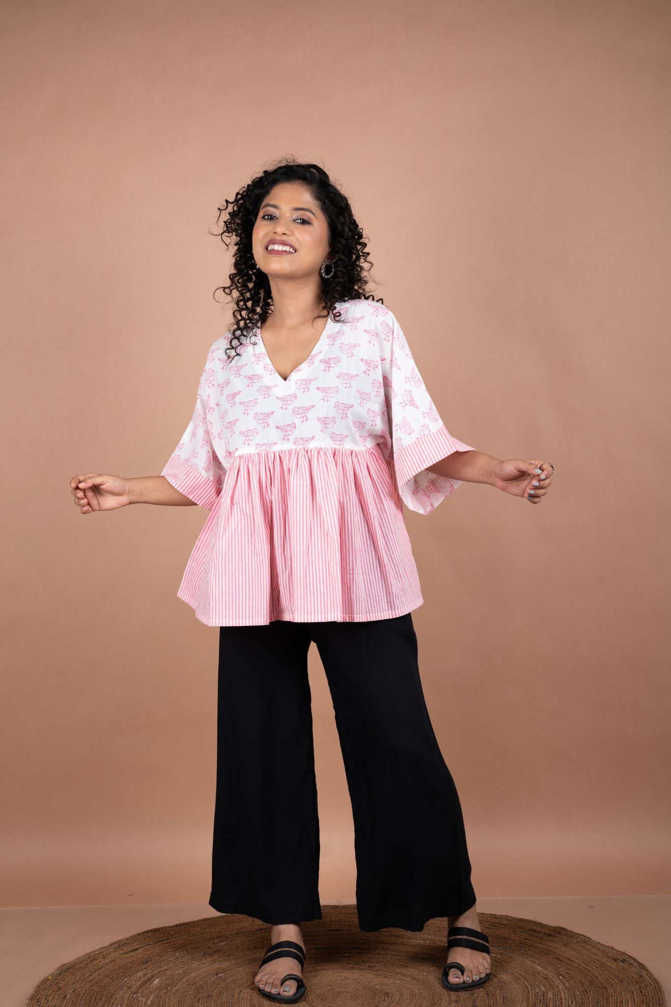 Pink Striped Flared Top with White Block Printed Yoke