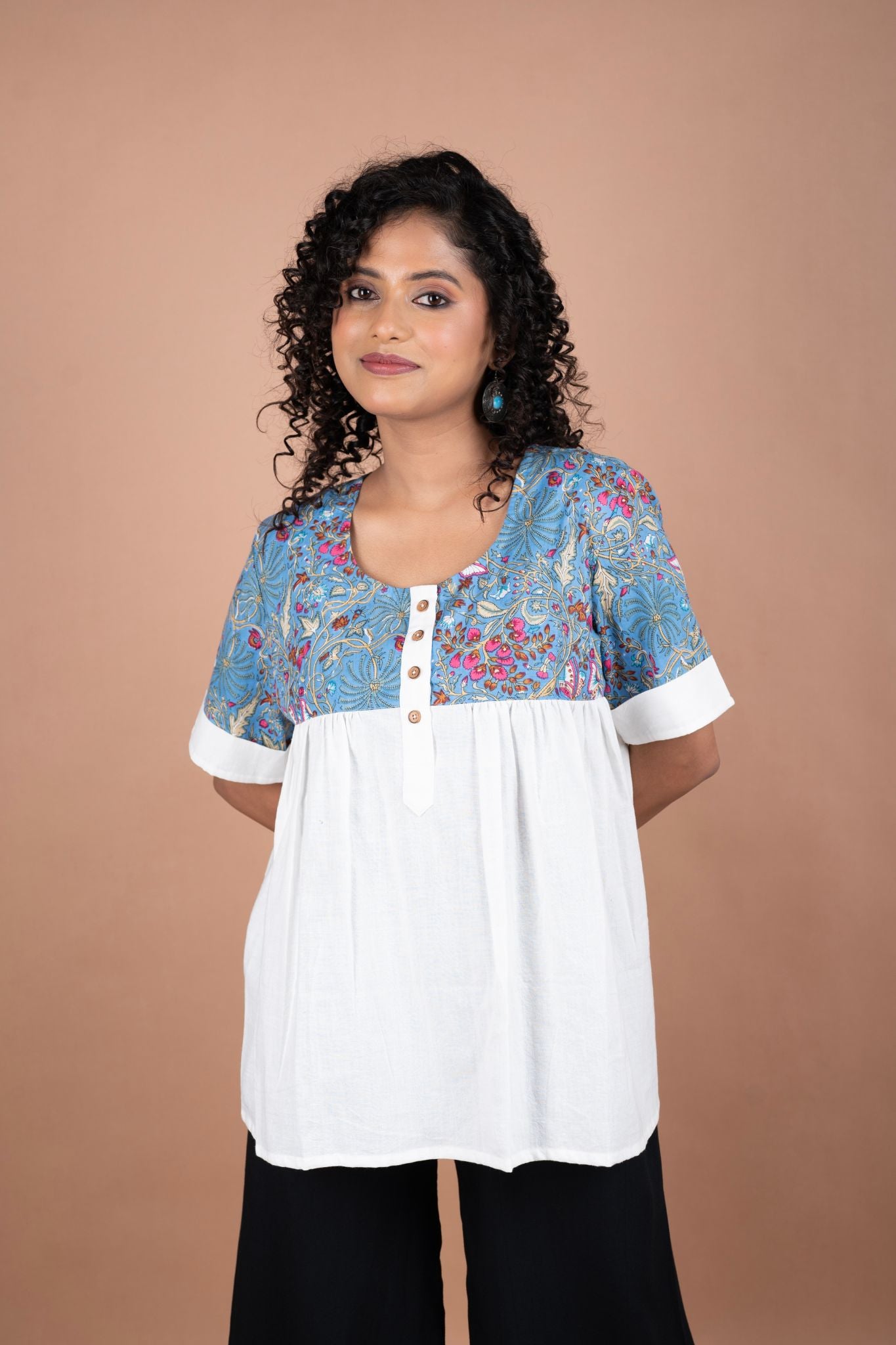 Off-White Handloom Cotton Top with Blue Printed Yoke