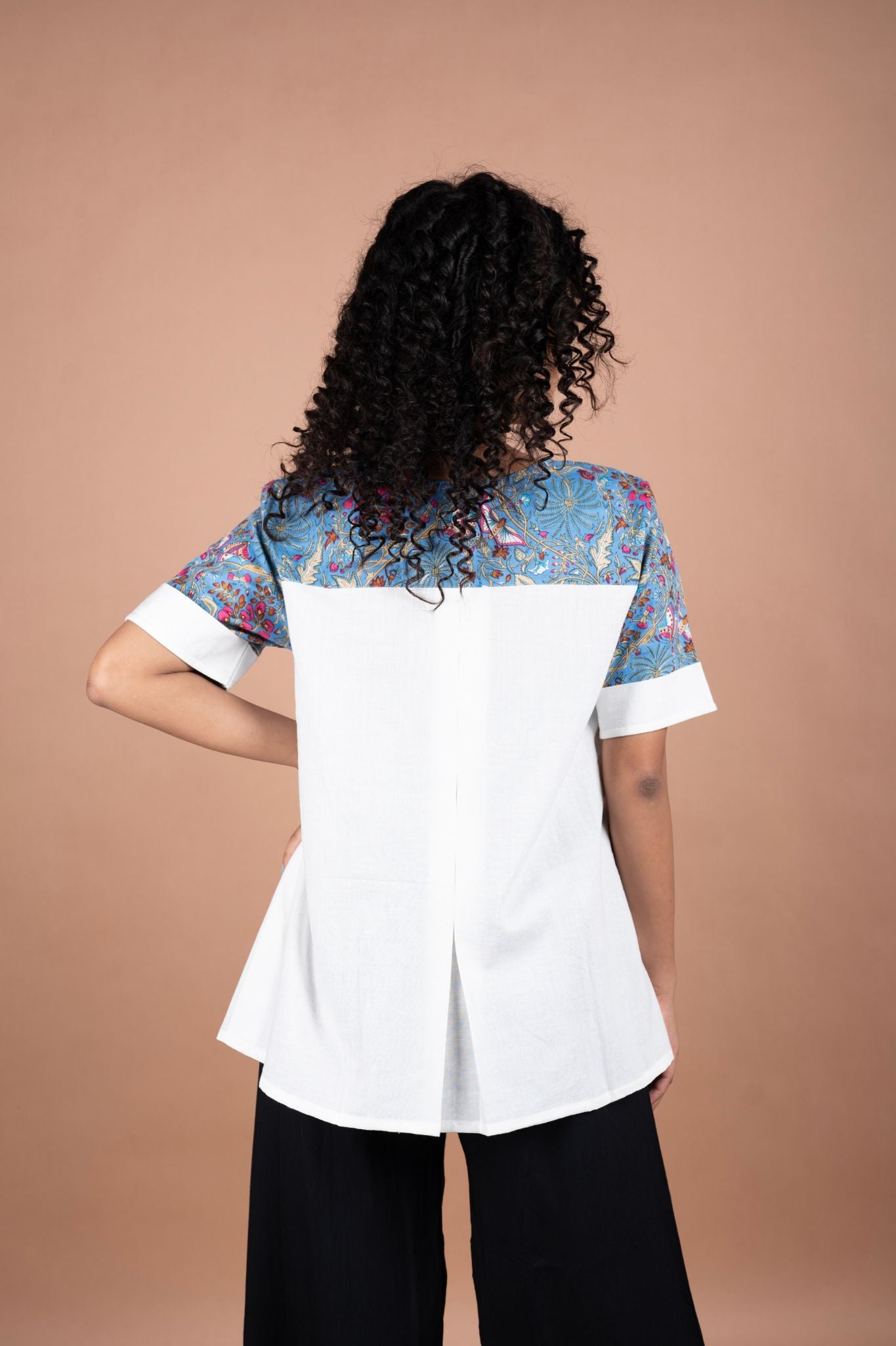 Off-White Handloom Cotton Top with Blue Printed Yoke