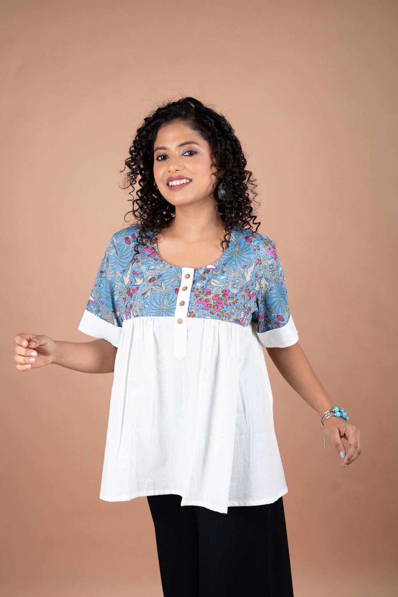 Off-White Handloom Cotton Top with Blue Printed Yoke