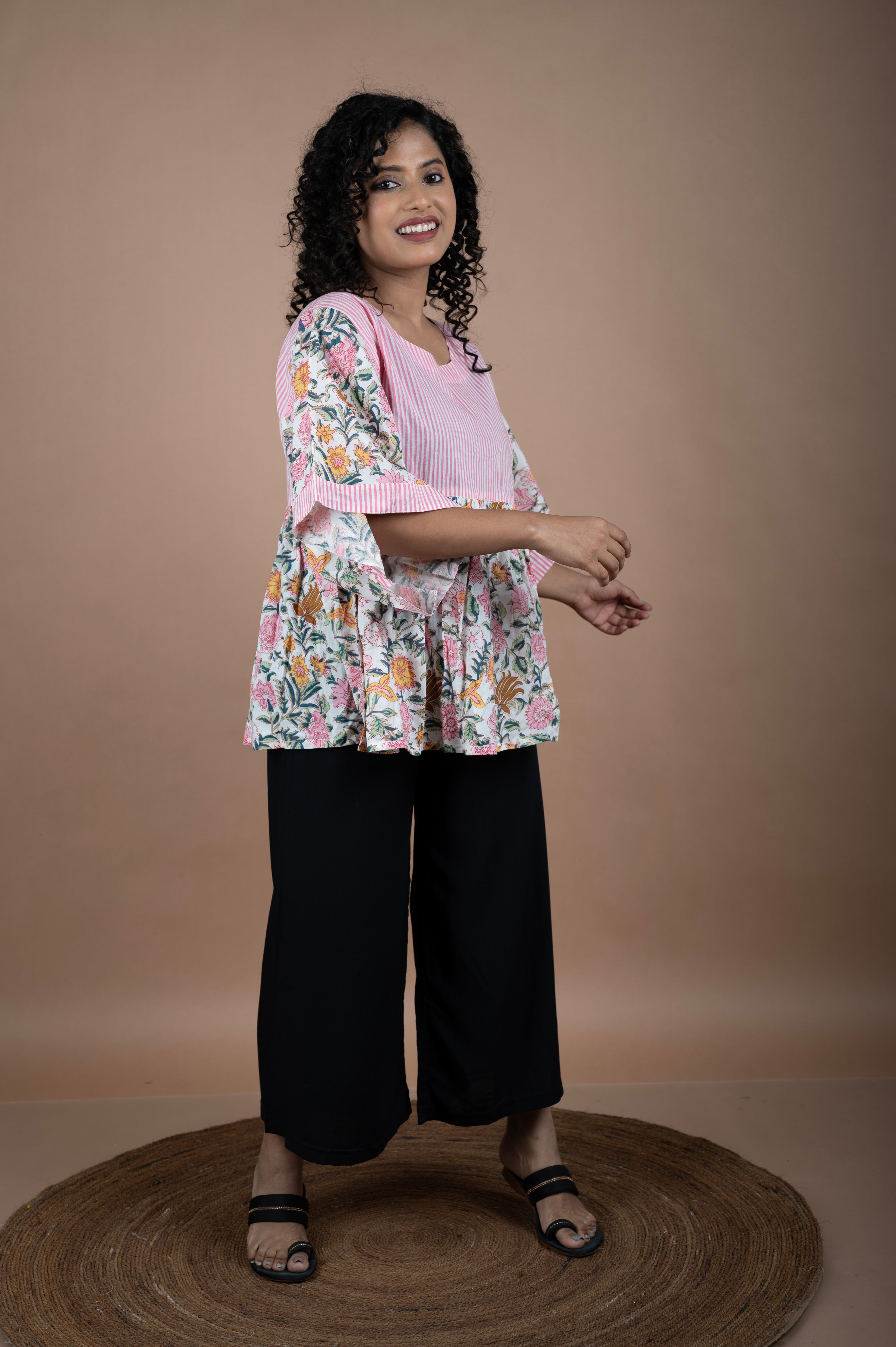 Floral Block Printed Top with Pink Striped Yoke