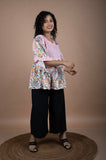 Floral Block Printed Top with Pink Striped Yoke
