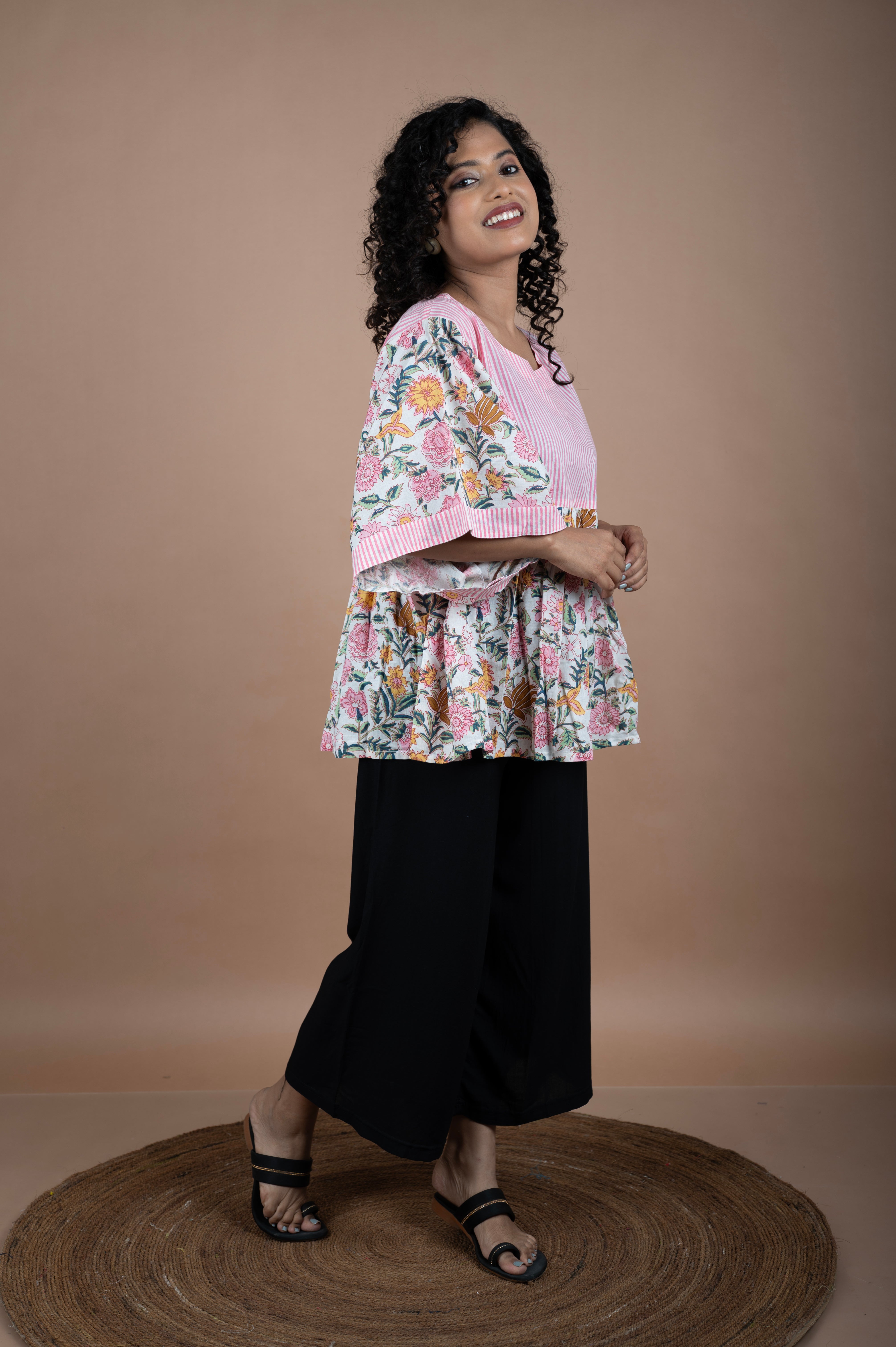 Floral Block Printed Top with Pink Striped Yoke
