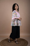 Floral Block Printed Top with Pink Striped Yoke