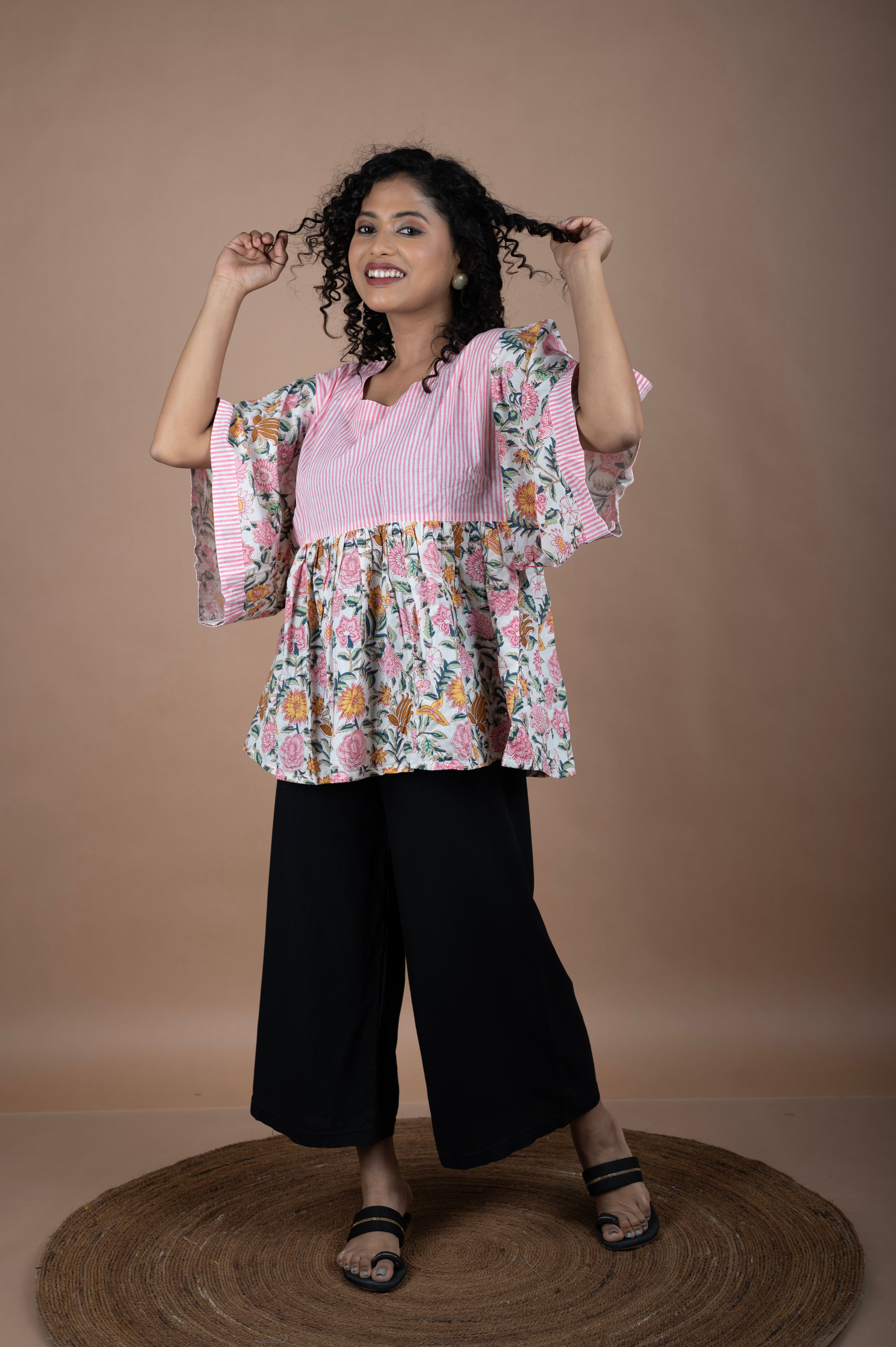Floral Block Printed Top with Pink Striped Yoke