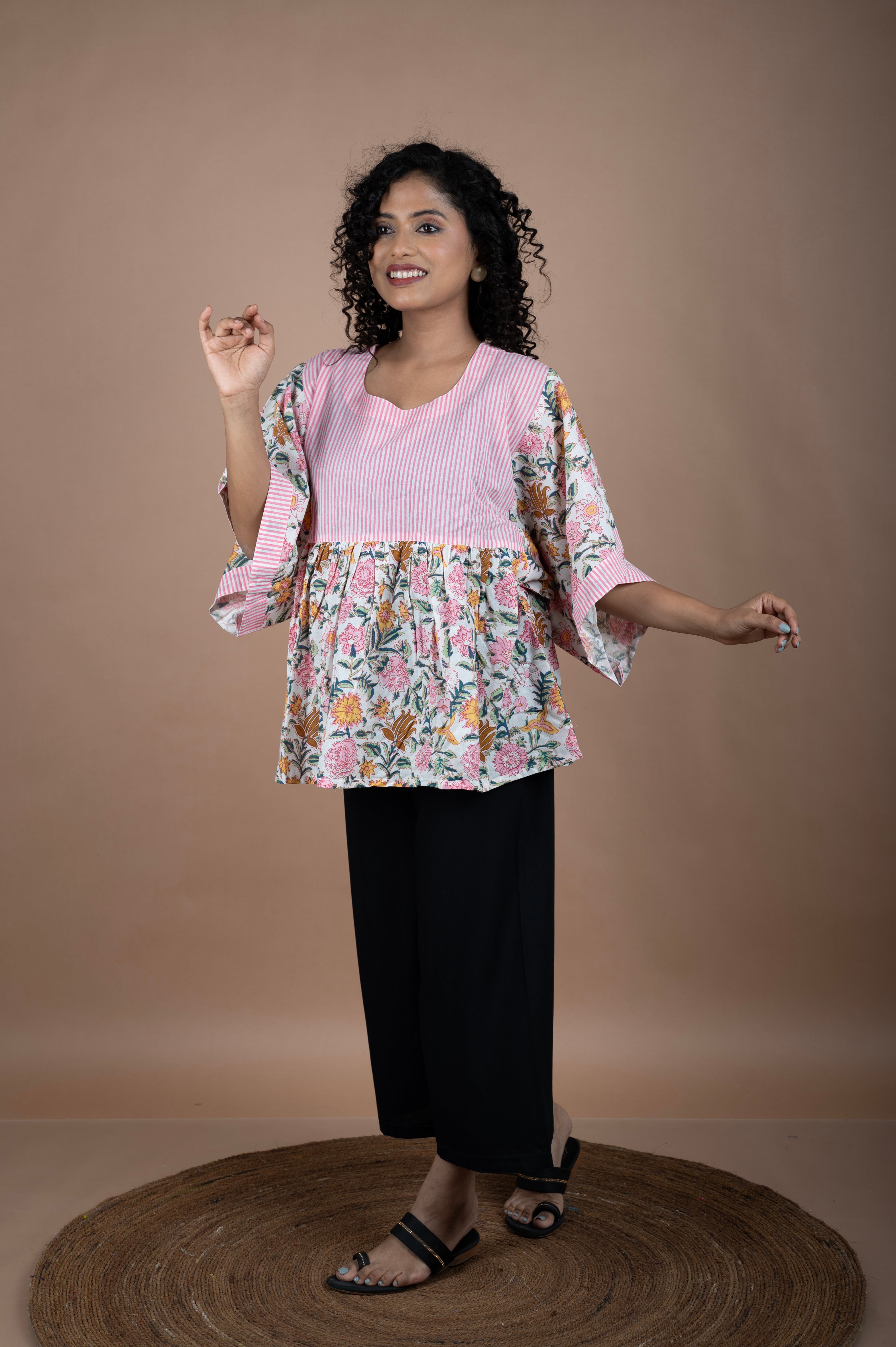 Floral Block Printed Top with Pink Striped Yoke