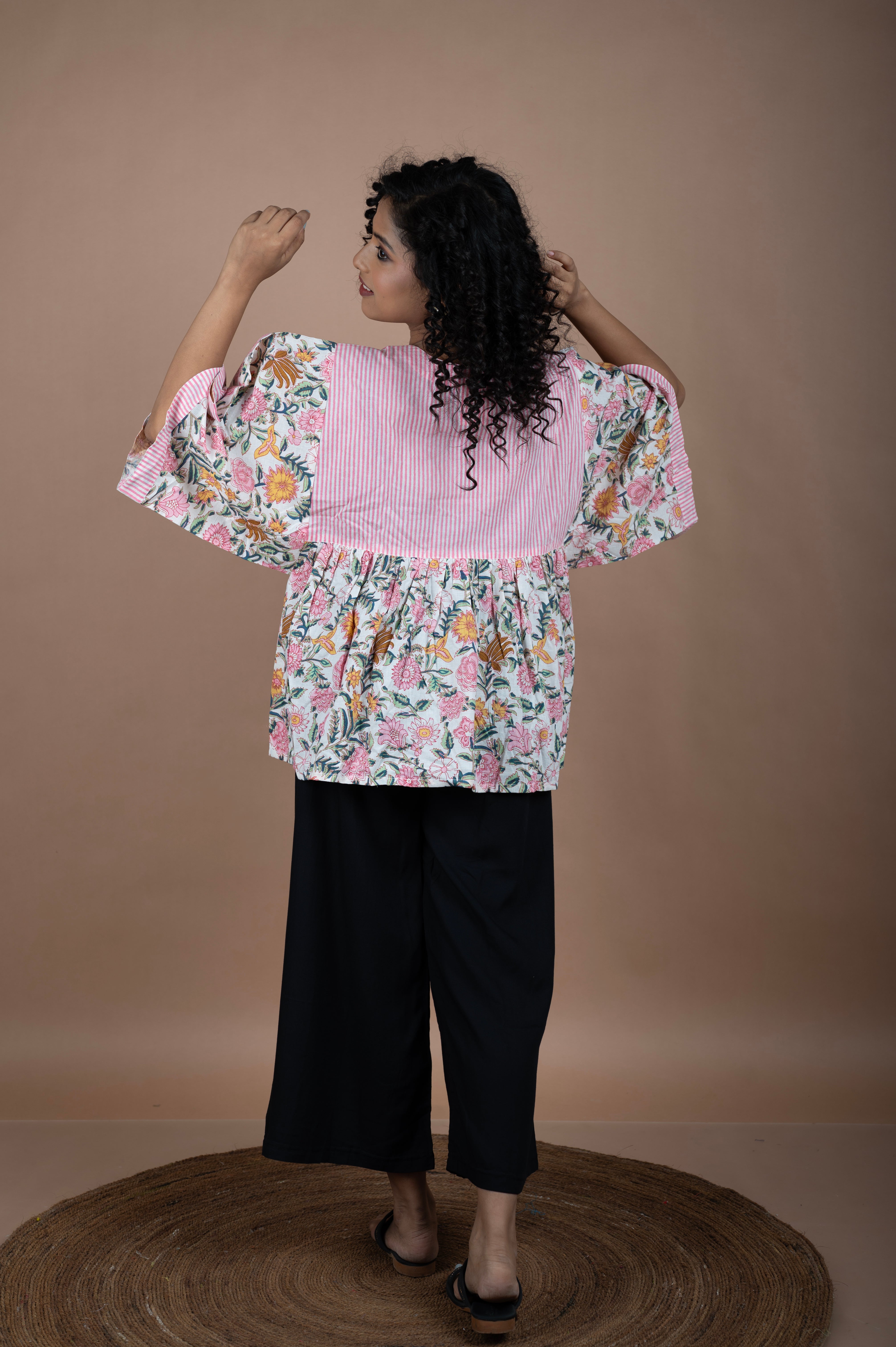 Floral Block Printed Top with Pink Striped Yoke