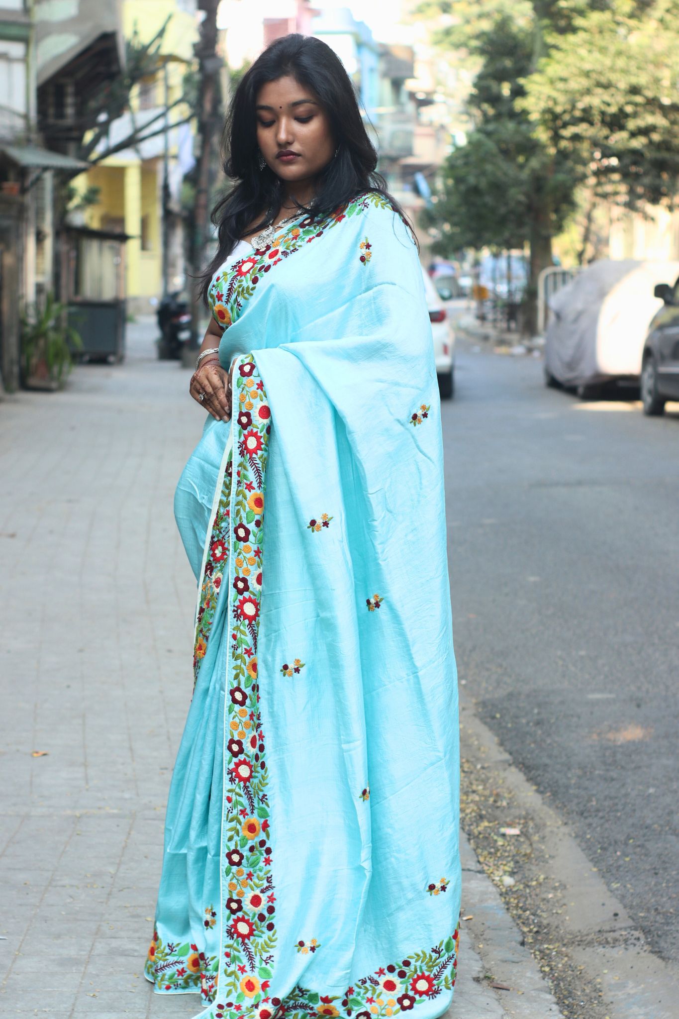 Sea Blue Hand Embroidered Silk Saree