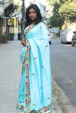 Sea Blue Hand Embroidered Silk Saree