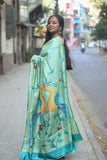 Green Hand Painted Silk Saree