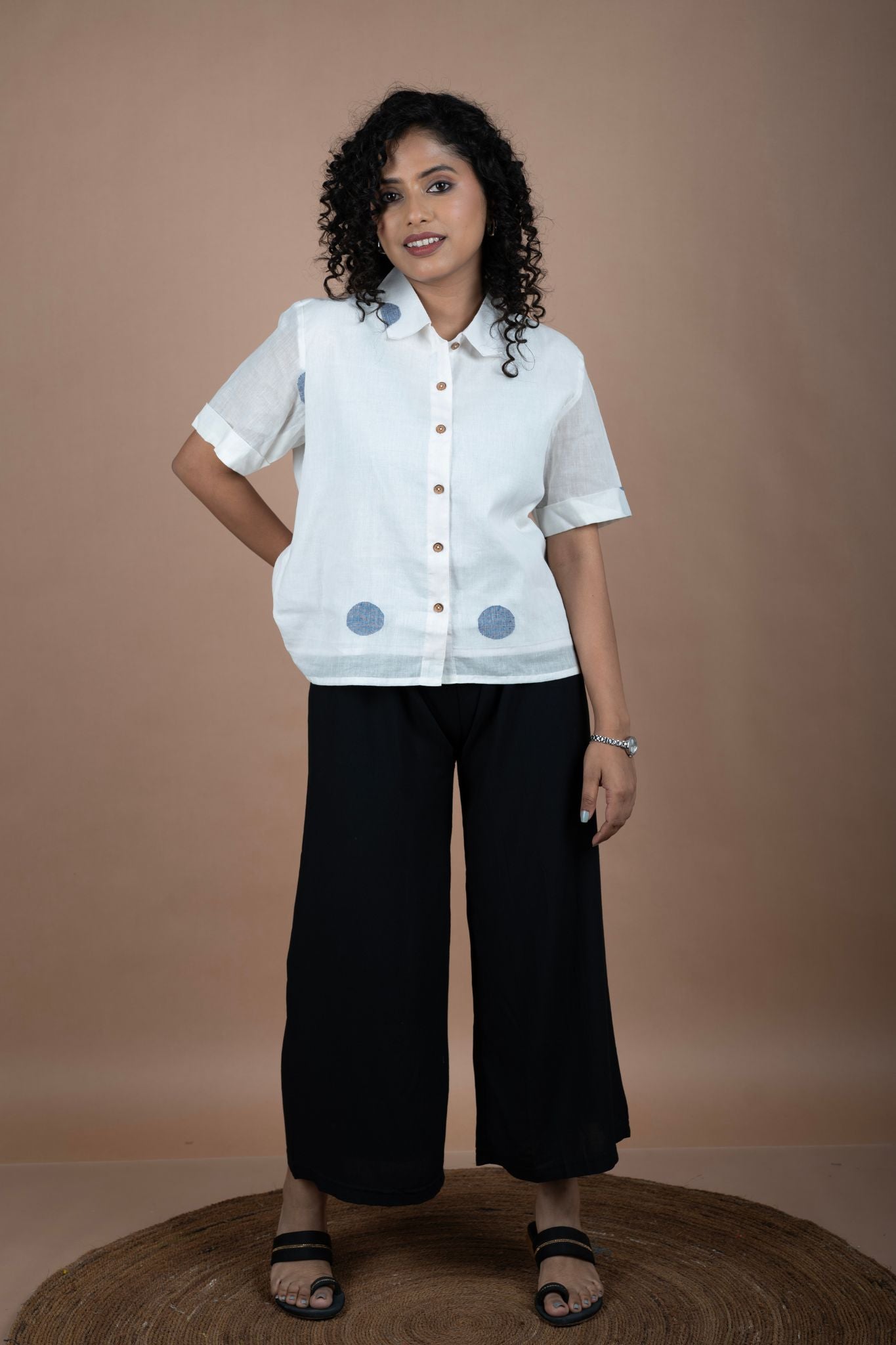 Off-White Jamdani Shirt – Blue Polka Dots Print