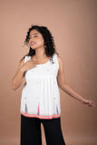 Minimalistic Sleeveless White Jamdani Cotton Top with Temple Border