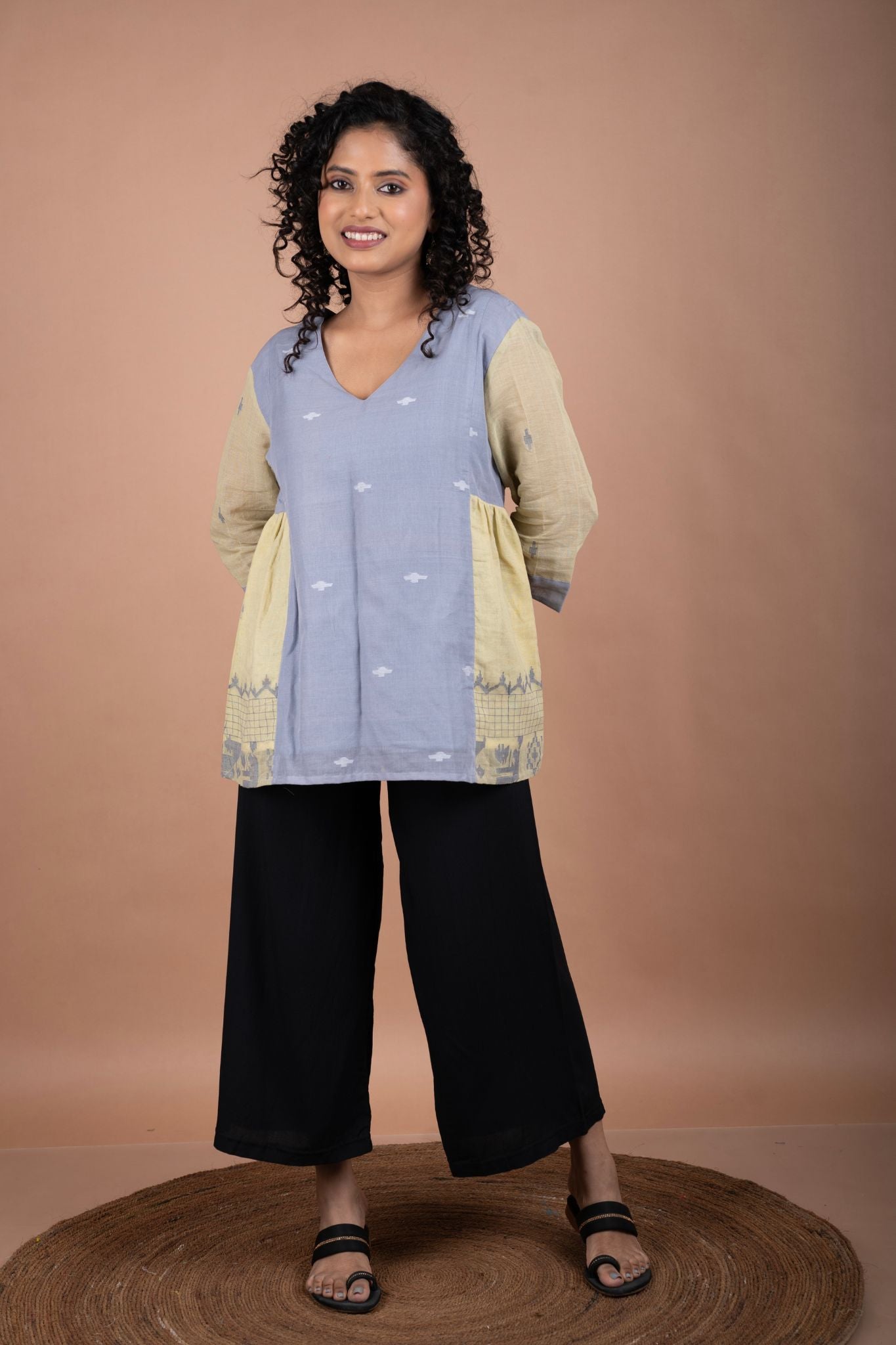 Grey & Green Jamdani Top