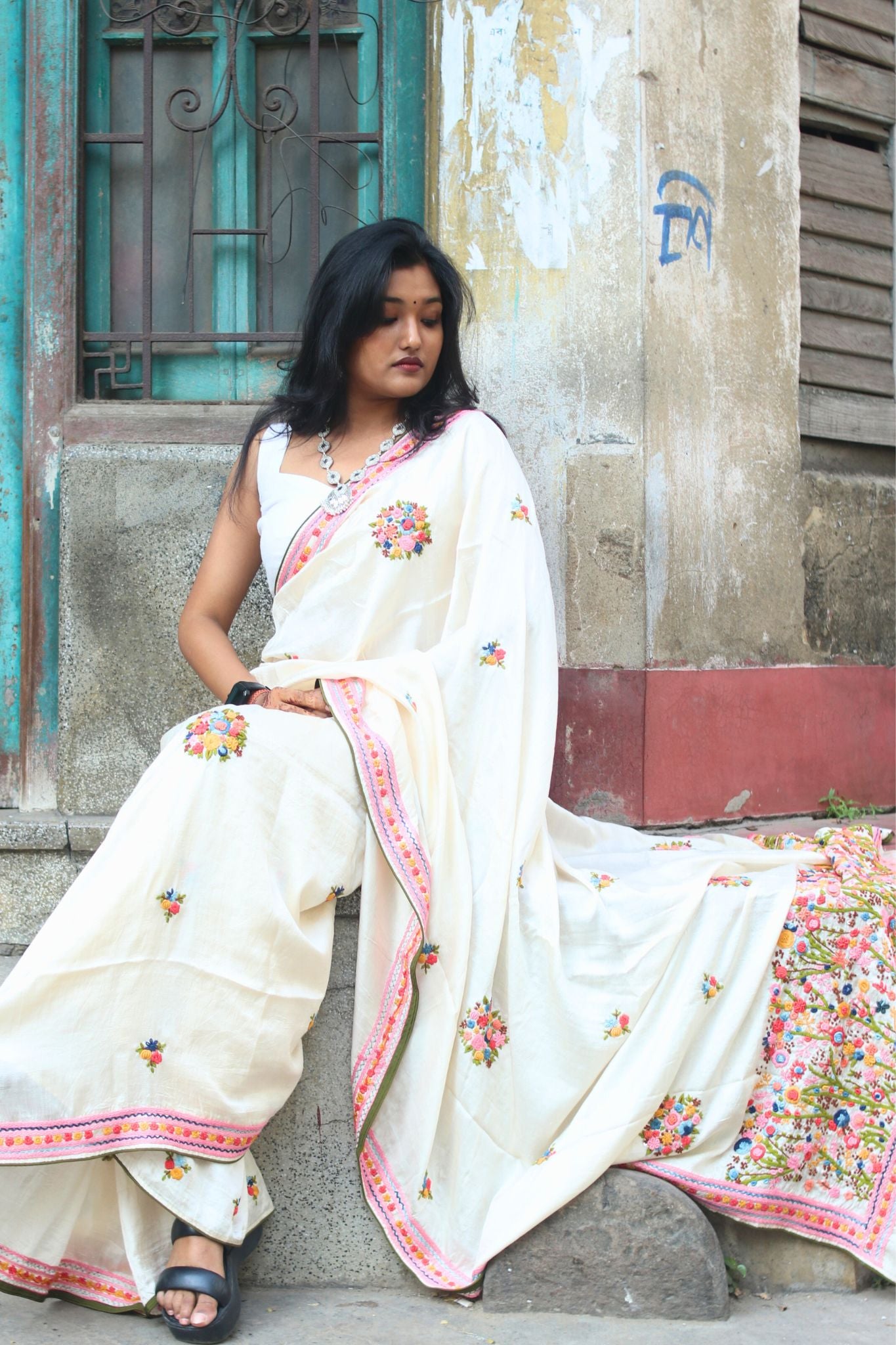 Creamish White Hand Embroidered Silk Saree