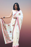 Creamish White Hand Embroidered Silk Saree