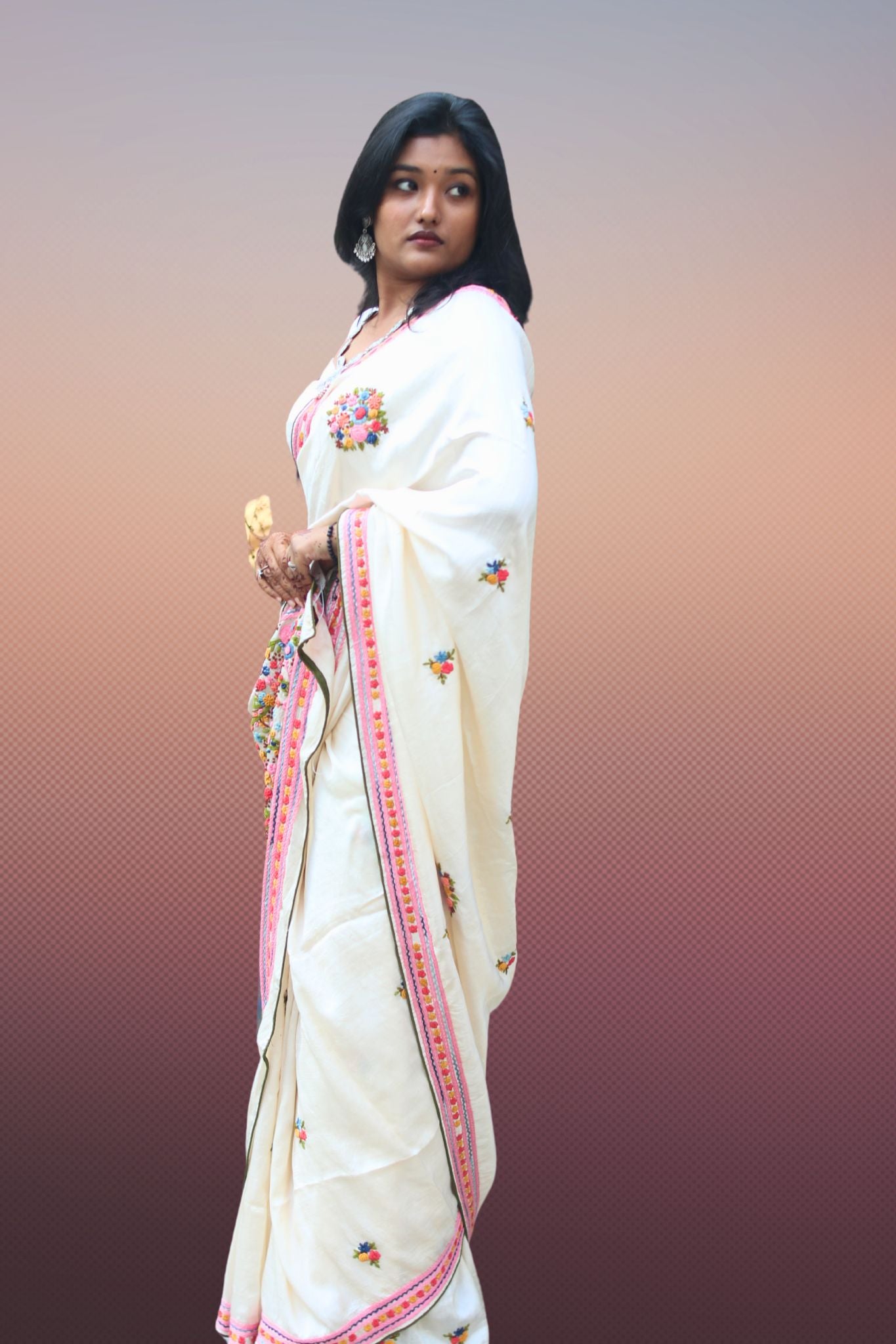 Creamish White Hand Embroidered Silk Saree