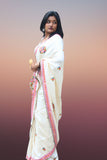 Creamish White Hand Embroidered Silk Saree