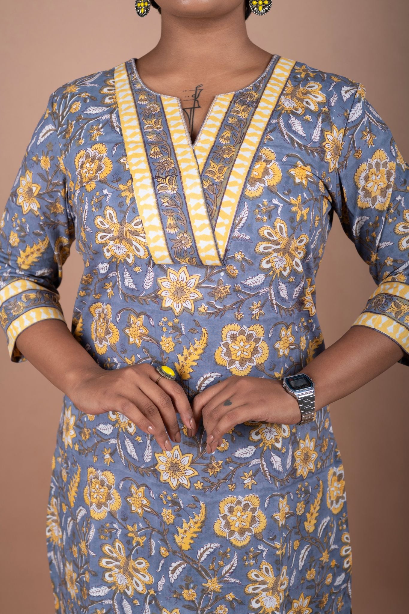 Grey & Yellow Floral Block Printed Kurta & Pant Set