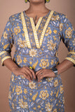 Grey & Yellow Floral Block Printed Kurta & Pant Set
