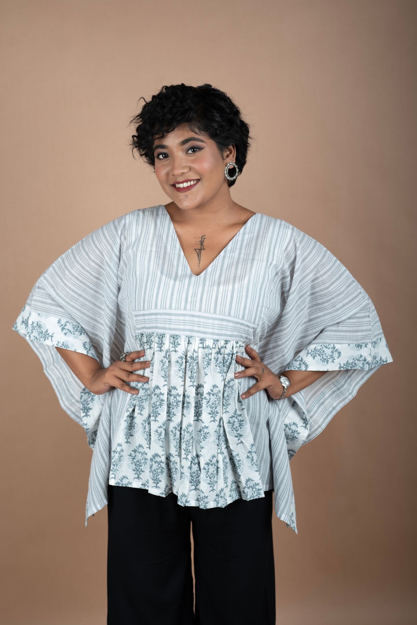 Grey Block Print & Handloom Fusion Kaftan – Short Kurti Style