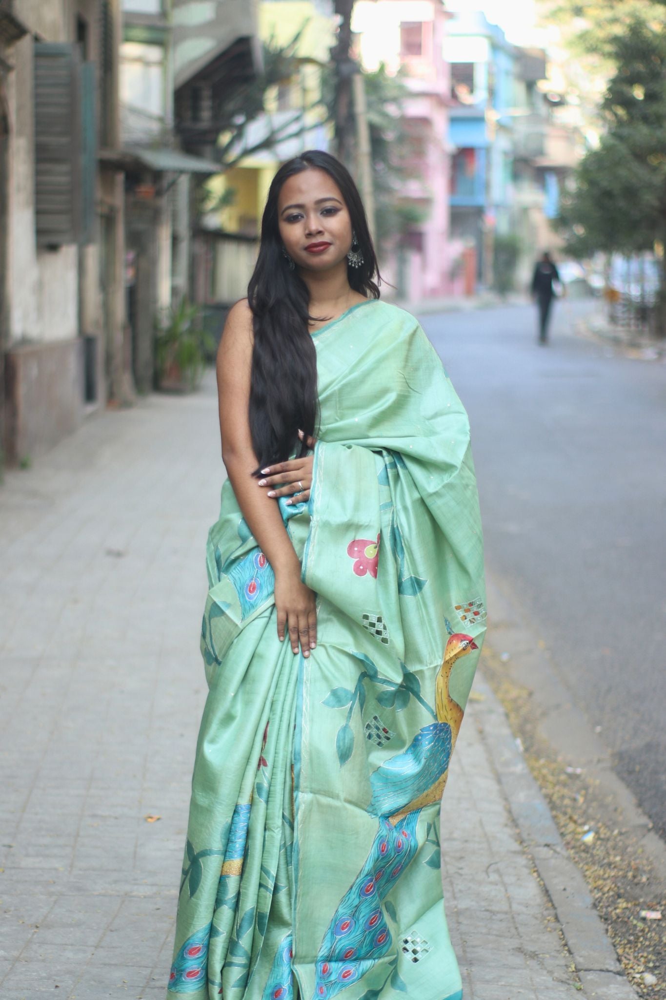 Green Hand Painted Silk Saree