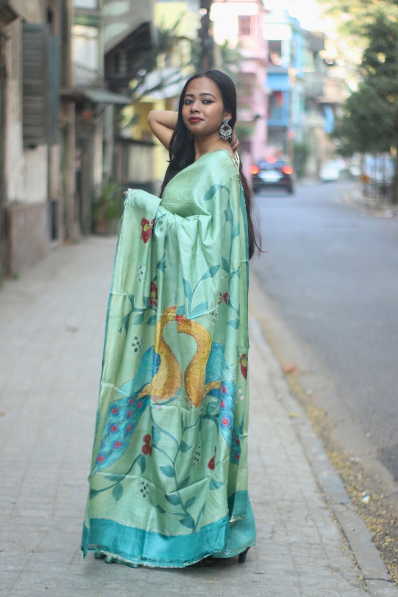 Green Hand Painted Silk Saree