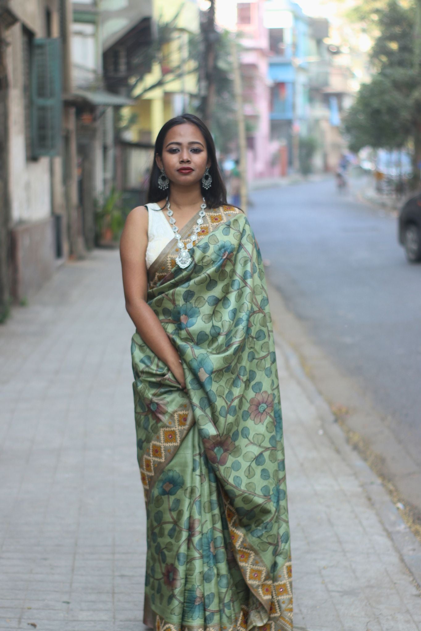 Green Floral Printed Hand Embroidered Silk Saree
