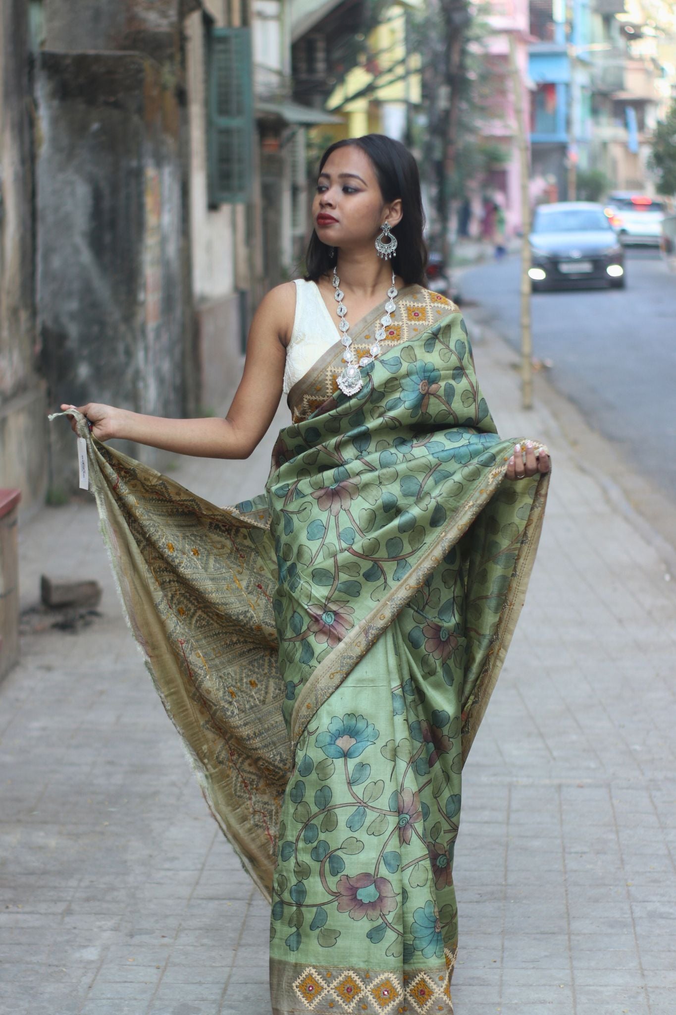 Green Floral Printed Hand Embroidered Silk Saree