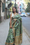 Green Floral Printed Hand Embroidered Silk Saree