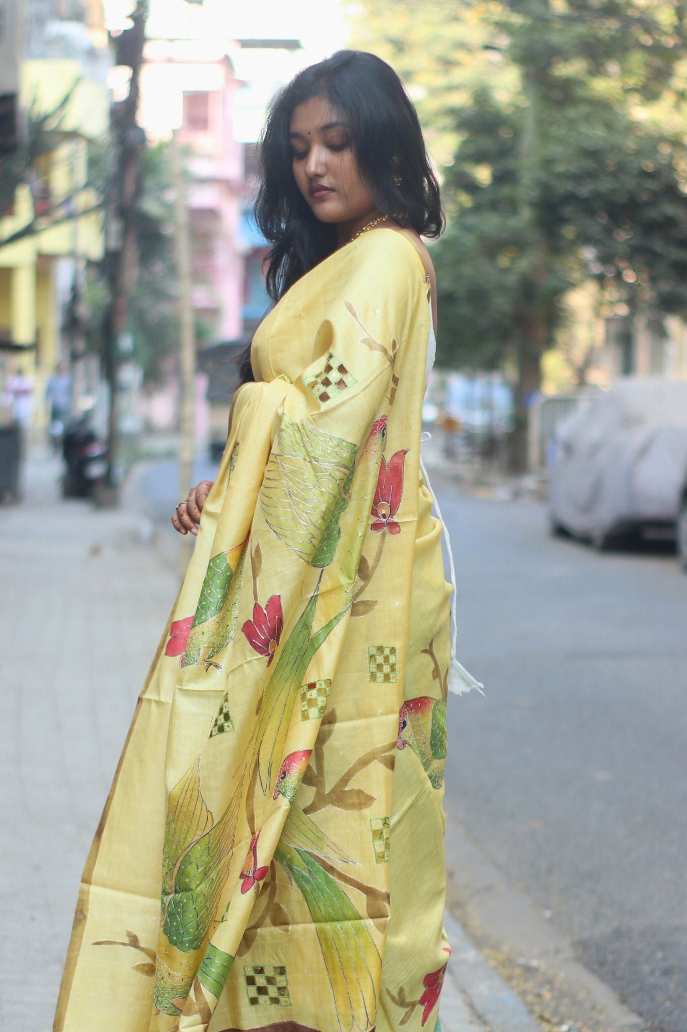 Yellow Hand Painted Silk Saree